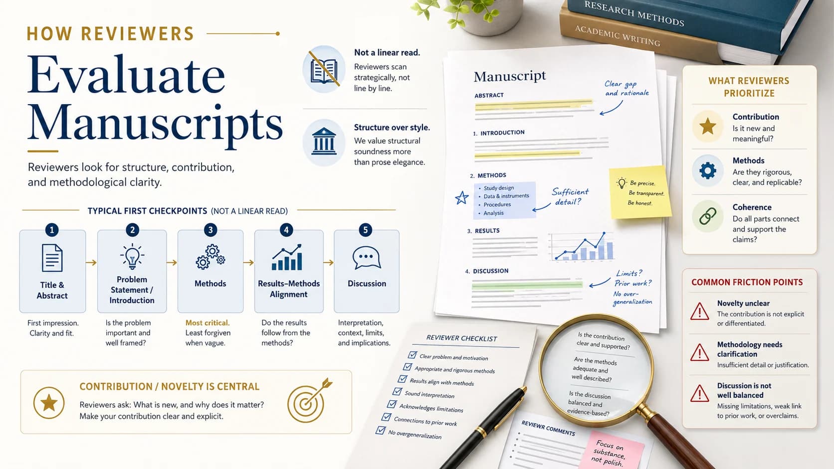 Researcher preparing a manuscript with a reviewer-style mindset before submission.