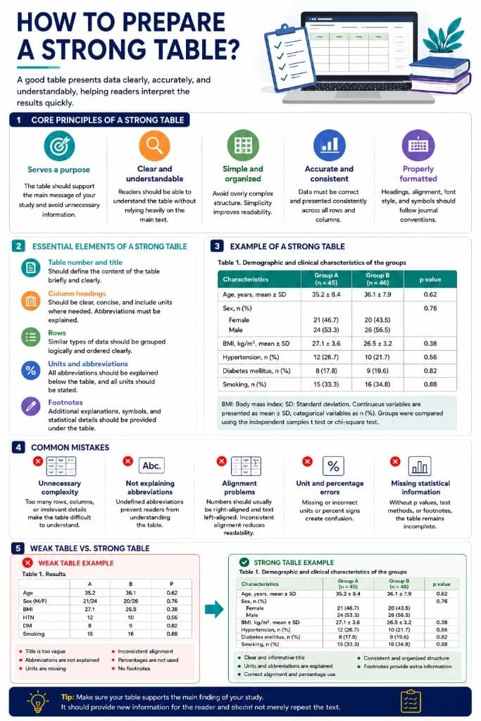 Infographic: how to prepare a strong table — core principles, essential elements, strong example, common mistakes, weak vs strong comparison, and checklist.
