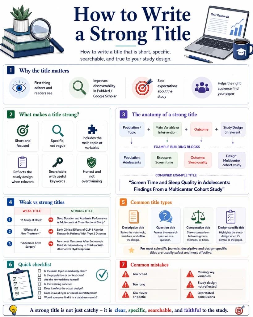 Infographic: how to write a strong title — why titles matter, key features, anatomy, title types, weak vs strong examples, mistakes, and checklist.