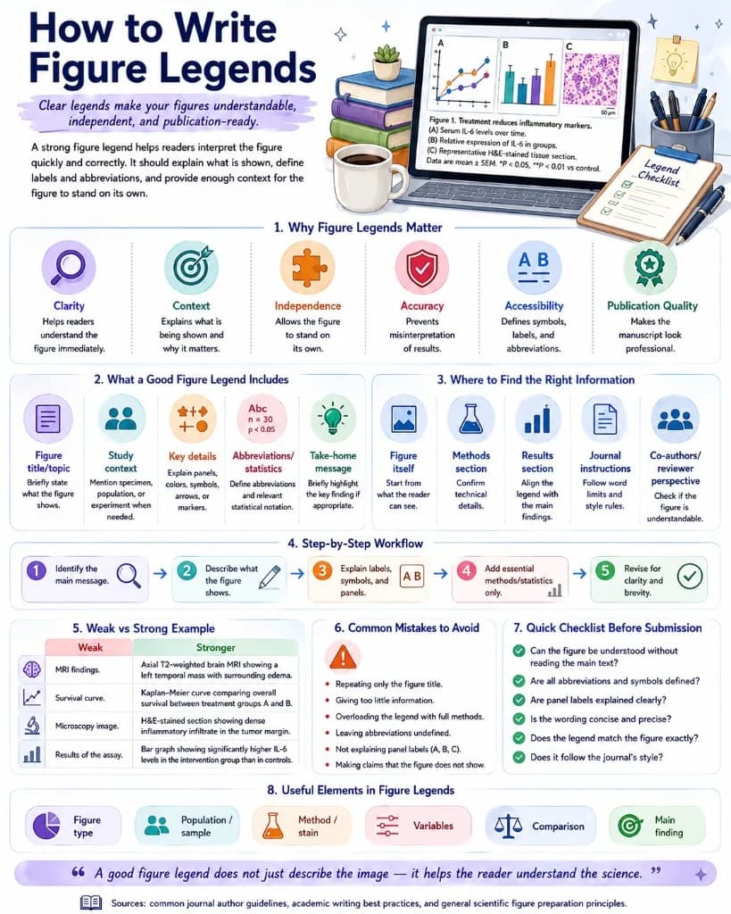 Infographic: how to write figure legends — why they matter, required elements, step-by-step workflow, weak vs strong examples, mistakes, and submission checklist.