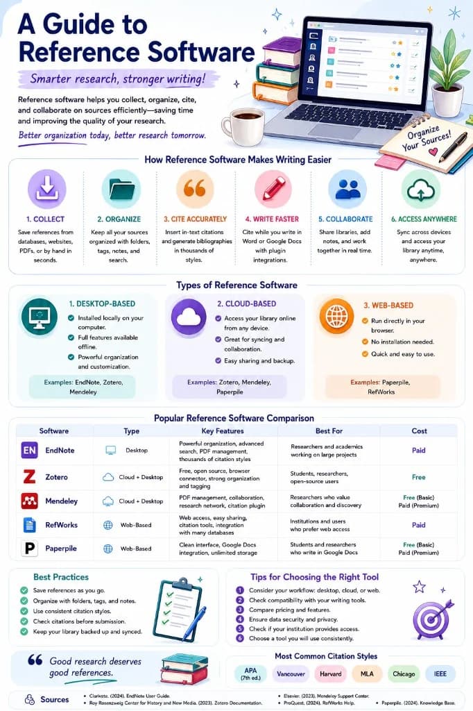 Infographic: how reference managers help — collect sources, organize, cite accurately, collaborate, and access anywhere.