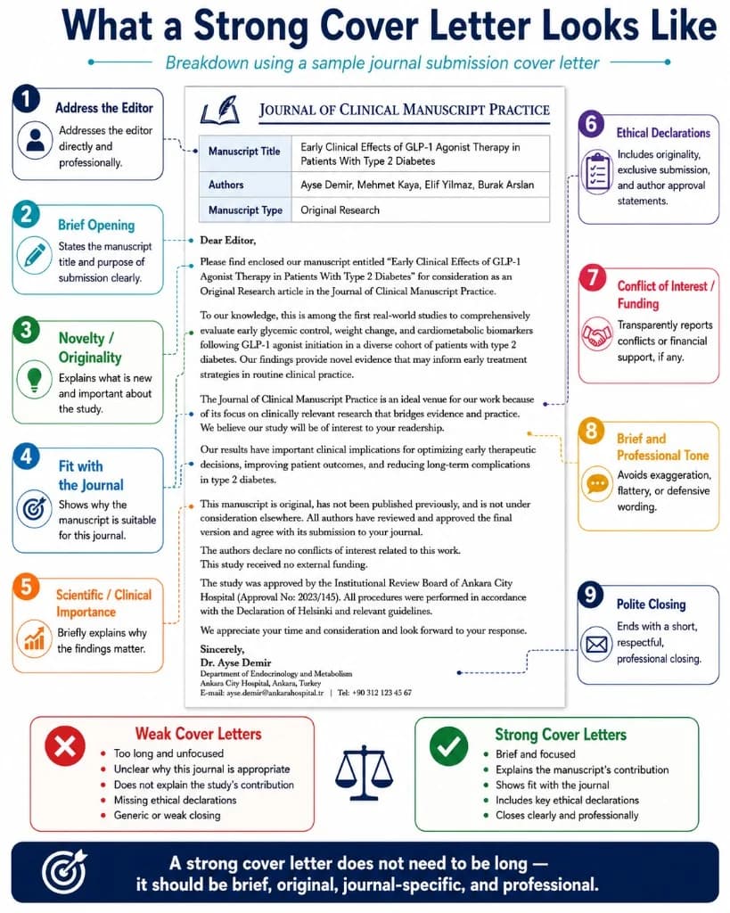 Infographic: what a strong cover letter looks like — editor greeting, novelty, journal fit, ethics, and professional closing.