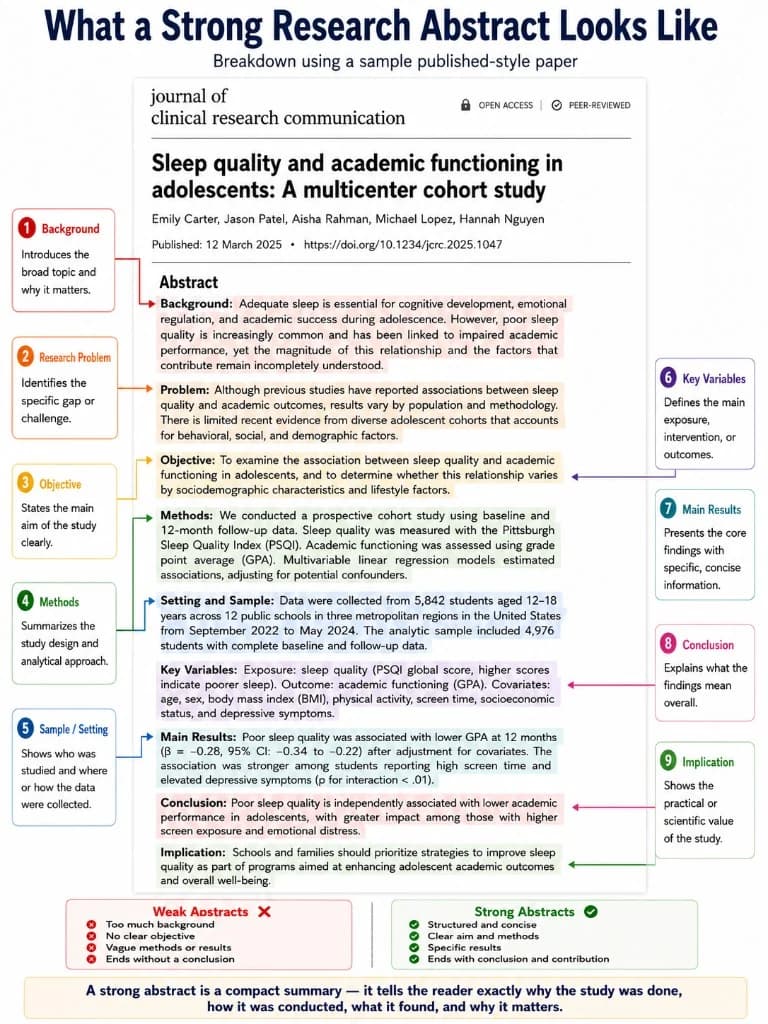 Infographic: what a strong research abstract looks like — background, objective, methods, results, conclusion, and implication.