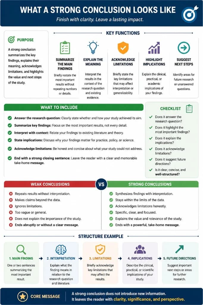Infographic: what a strong research conclusion looks like — main finding, interpretation, limitations, implications, and future directions.