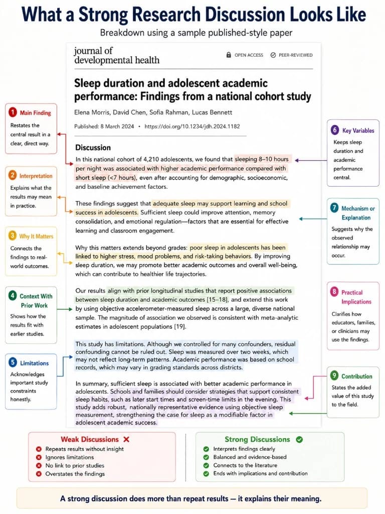 Infographic: what a strong research discussion looks like — interpretation, limitations, and implications.