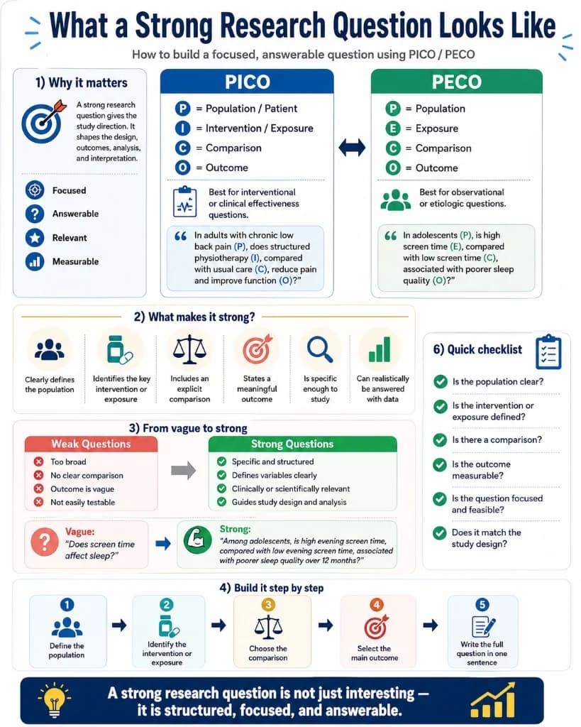 Infographic: what a strong research question looks like — PICO and PECO, population, comparison, outcome, and checklist.