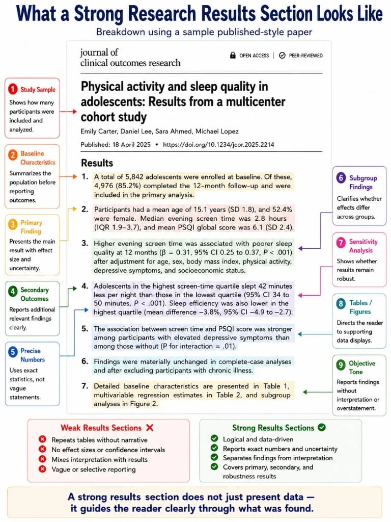 Infographic: what a strong research results section looks like — sample flow, primary finding, subgroups, and sensitivity analysis.