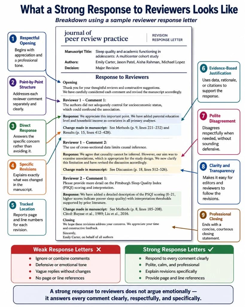 Infographic: what a strong response to reviewers looks like — respectful opening, point-by-point structure, specific revisions, and page/line references.