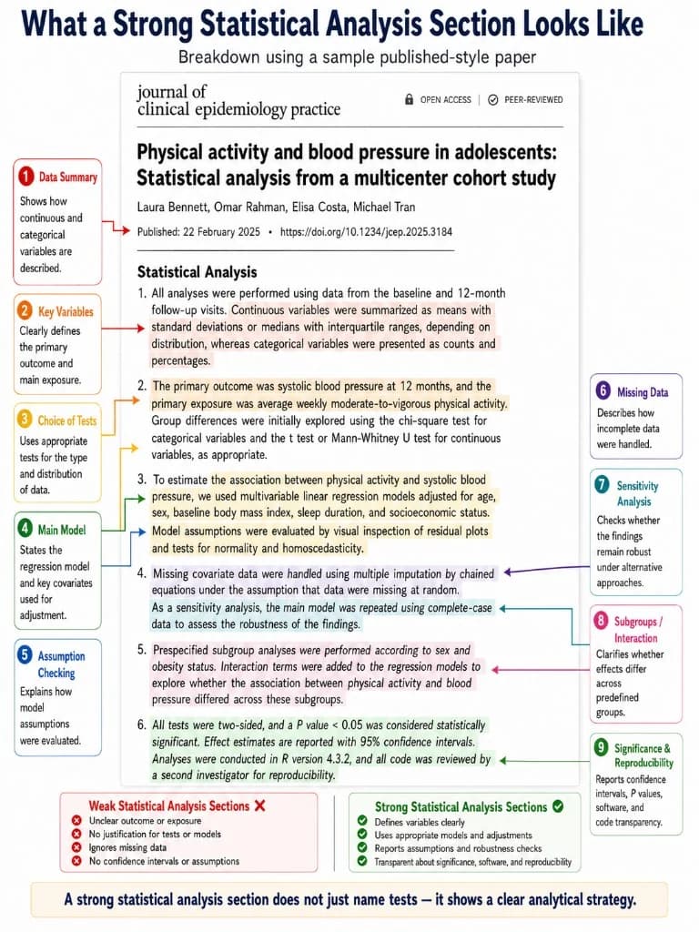 Infographic: what a strong statistical analysis section looks like — data summary, models, missing data, and reproducibility.